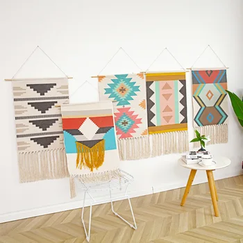 

Bedroom Background Cloth Linen Boho Dorm Decor Tapestry Wall Mounted Knitted Tapestry Geometric Patterns Tapestry04
