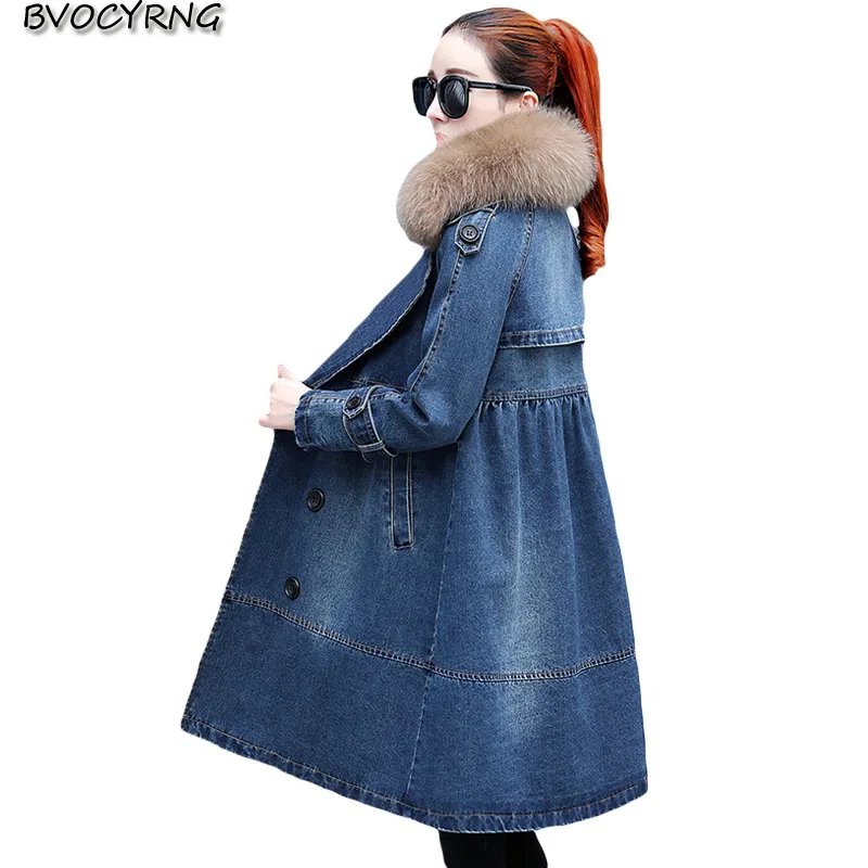 

High-end large fur collar denim coat women winter thick lamb hair warm parka long slim jacket 2019 new elegant female Loose tops