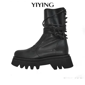

Luxury Brand Design Chunky Boots 2020 Chic Ankle Strap Platform Boots Black Leather Ankle Boots for Women Lace up Shoes Woman