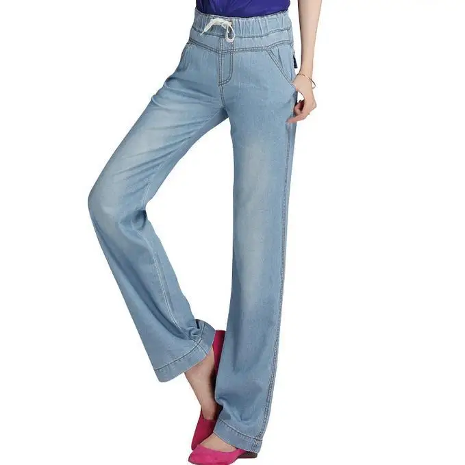 new Wide Leg Jeans Women plus Size loose straight pants female waist elastic Long Trousers - Цвет: Небесно-голубой