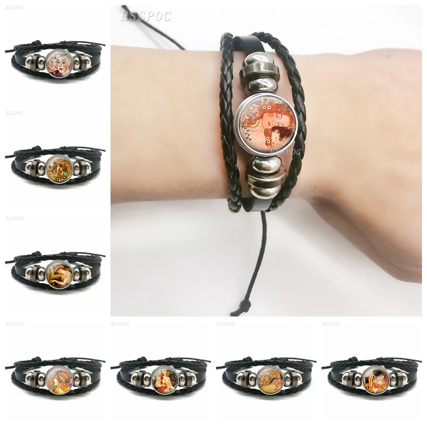 Густав Климт поцелуй художественная живопись черный кожаный браслет со