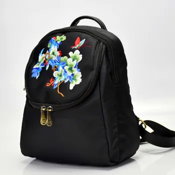 

Ethnic Embroidery Portable Backpack Women's Bag Solid Oxford Nylon Cloth Simple Embroidery Backpack School Bag For Teenage Girl