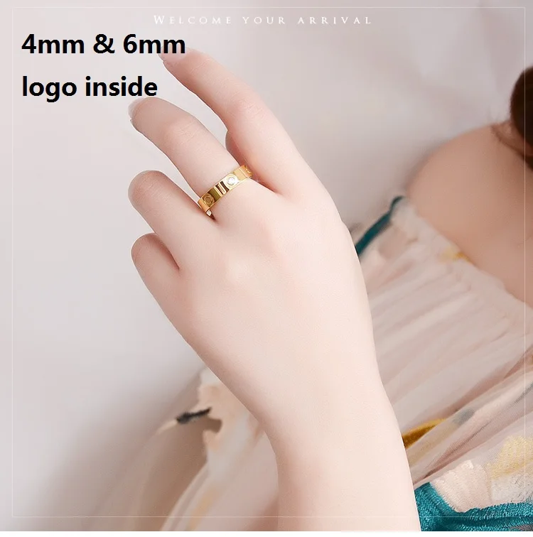 

4MM 6MM Crystal Logo Inside Titanium Steel Classic Stainless Steel Screw Rings Gold Filled Wedding Love Ring for Women