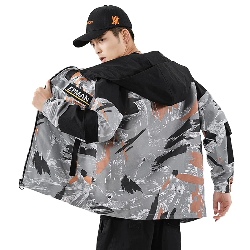 

New Autumn Japan Stylish Color Patchwork Embroidery Letters Fashion Men's Hooded Jackets Casual Safari Style Windbreaker Coats