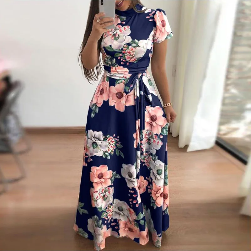 Женские, с цветочным узором, с коротким рукавом, Boho платье, женское вечернее длинное платье макси