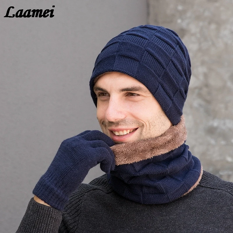Laamei Зимняя Шапка-бини для мужчин и женщин, шапка, шарф, теплый шарф и шапка, набор перчаток, мужская и женская шапка, шарф, набор из 3 предметов, Skullies Beanies