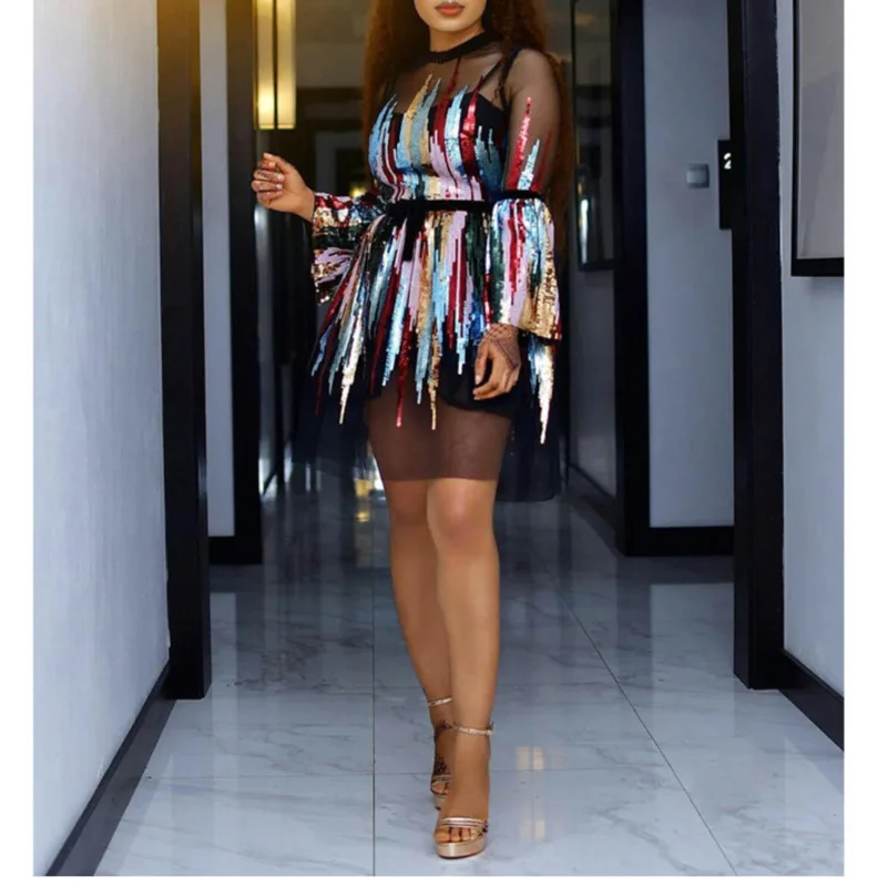 Черная сетка Пэчворк платье с блестками женское облегающее сексуальное