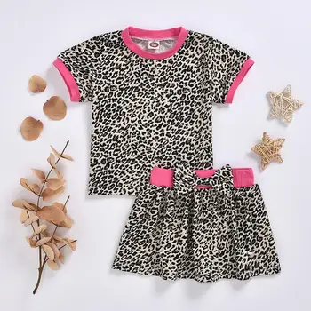 

2020 Summer Kids Baby Girls Cotton Short sleeve Top + Dress 2PC outftis Leopard Printed Clothes set