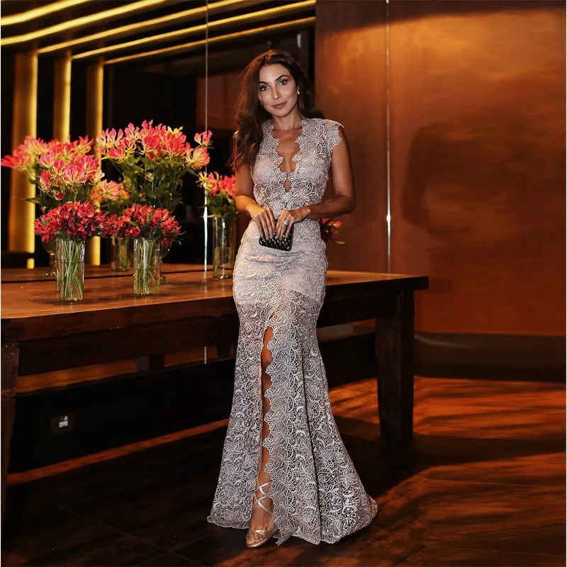 Women's Deep V Slim Dress Lace Maxi Dress Split Sexy Dress Woman Party Night Floor-Length Formal Dress Women Elegant