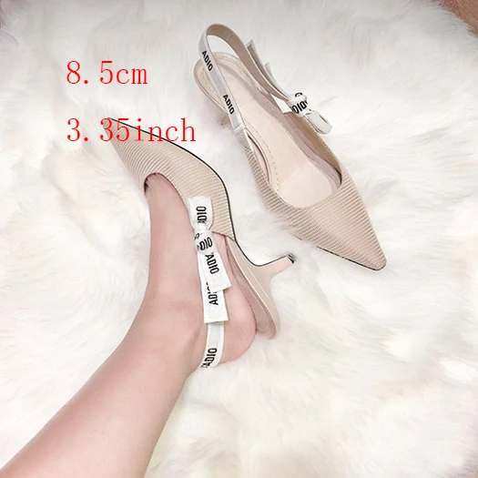Apricot knit 8.5cm Женские туфли из сетчатого материала; scarpin slingback; коллекция года; туфли-лодочки телесного цвета с острым носком без застежки в клетку; Дизайнерская обувь в европейском стиле; итальянские туфли на высоком каблуке; Размеры 4-34 - Цвет: Apricot knit 8.5cm