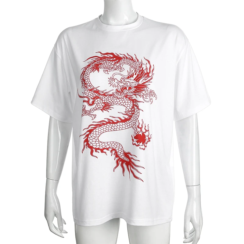 HEYounGIRL Casual Loose Oversized T Shirt Ladies Dragon Printed Short Sleeve Tee Shirt Women Black Streetwear T-shirts Cotton