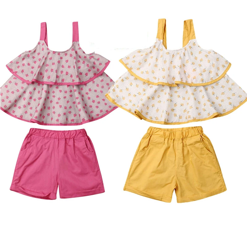 

2-7Y Summer Kids Baby Girl Sleeveless Dot Layered Tank Tops Shorts Pant Bottom 2PCS Girls Clothing Set