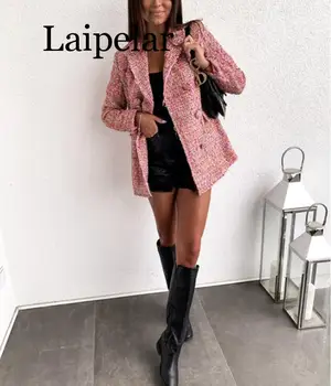 

Women Plaid Tweed Double Breasted Blazer Long Sleeve Slim Coat Elegant Office Ladies Work Blazers Smart Casual Sport Jacket