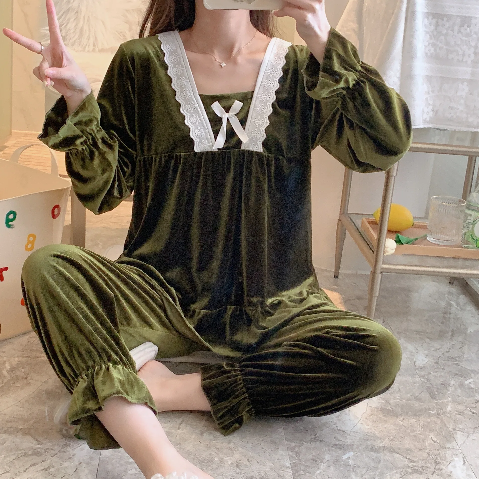 

Пикантный женский домашний костюм Fdfklak, подходящий ко всему, новый осенне-зимний теплый золотой бархатный пижамный комплект для женщин, толстый