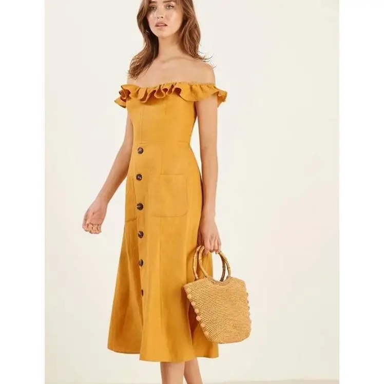 

Ozhouzhan Europe And America Australia Crossing Lotus Leaf Frilled Appealing Strapless Style Beach Wrap-around Dress Mid-length