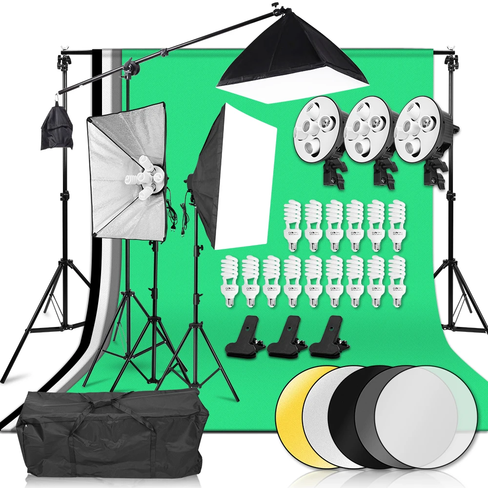 

Photography Background Frame Support Softbox Lighting Kit 3375W 5Light Socket 50*70CM Softbox Cantilever 4Pcs Backdrop Reflector