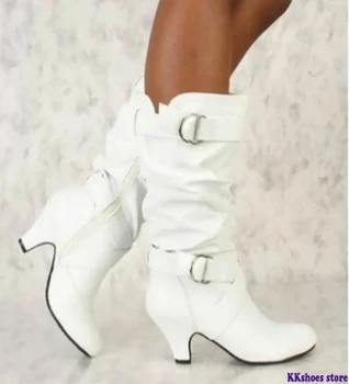 comprar 2020 Moda Meados De Bezerro Pico Salto Alto Branco Preto Ridding Botas Ocidentais Rua Goth Senhoras Sapatos Plus Size Das Mulheres De Inicialização