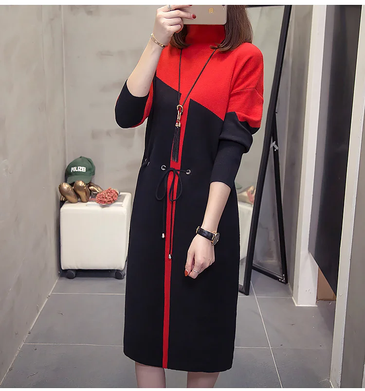 XL-4XL размера плюс, женское платье-свитер с высоким воротом, зима, модное платье с длинным рукавом в стиле пэчворк, цветные женские вязаные платья миди