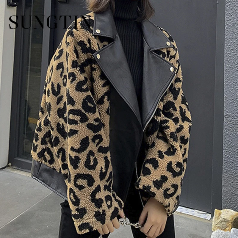 Sungtin leopardo abrigo de piel de cordero de imitación mujeres espesar Artificial Pu chaqueta de cuero Patchwork de ropa informal suelta Tops Chic