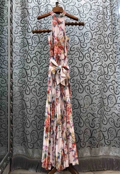 

2020 Spring and Summer New Women's round Neck Hem Pleated Stitching Lace-up Waist Hugging Printed Sleeveless Dress 404