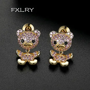 

FXLRY New Design Paved Micro CZ Double Color Animal Earrings Pretty Small Bear Dangle Stud Earrings for Girls Dating Party Jewel
