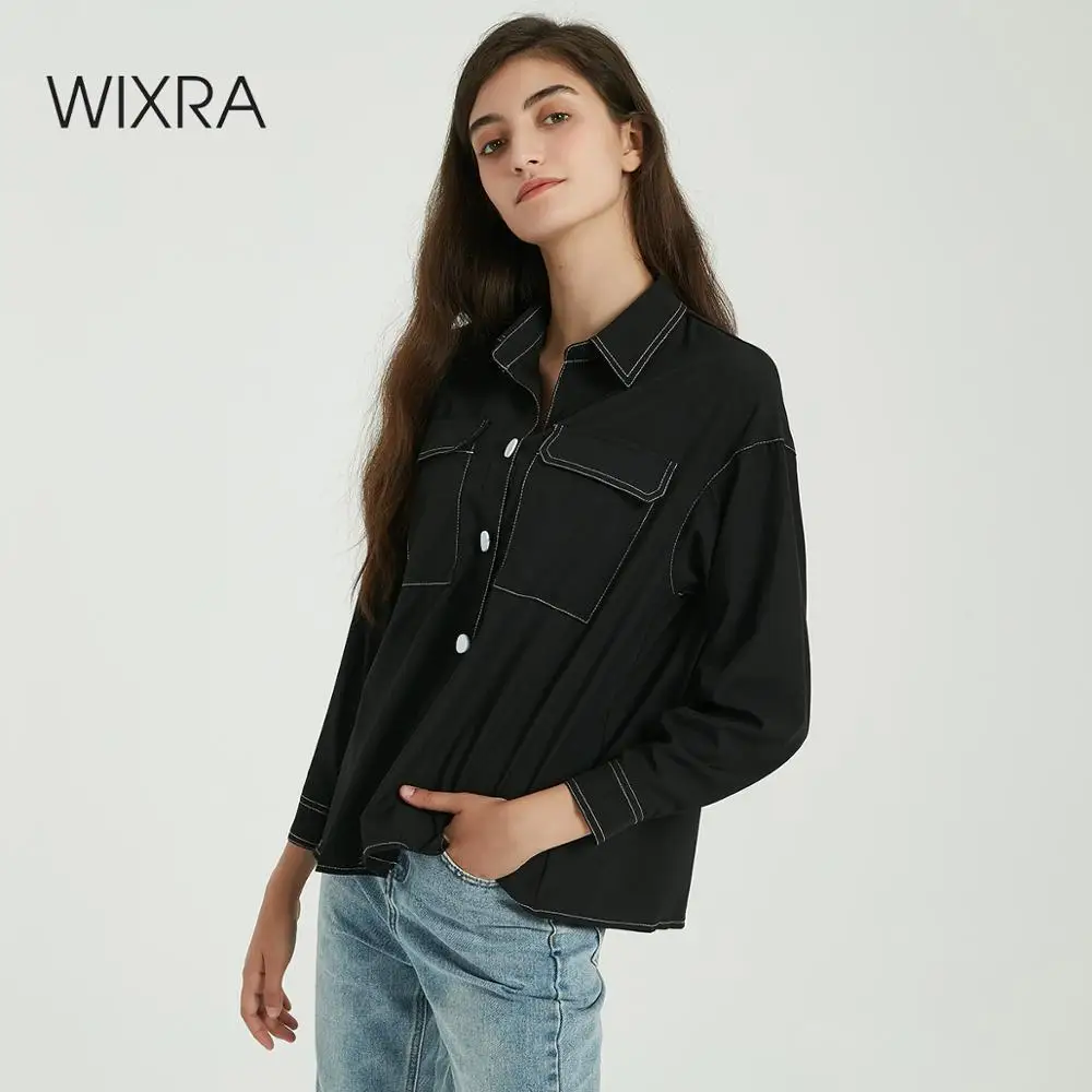  Wixra Women Stylish Blouse Ladies Pockets Long Sleeve Casual Loose Shirts 2019 Autumn Spring Tops L
