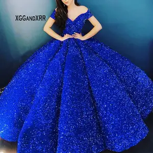 Vestido de quinceañera azul brillante, elegante, sin hombros, con volantes y volantes, para baile de graduación, de lujo, estilo árabe, 2021