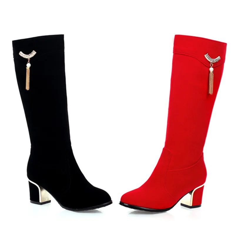 Autumn Winter Knee High Boots Women Black Red Flock Women's High Boots Luxury Casual Low Heels Fashion Long Party Shoes Female