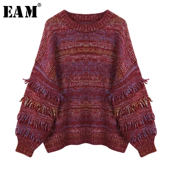 

[EAM] Red Tassels Big Size Knitting Sweater Loose Round Neck Long Sleeve Women Pullovers New Fashion Autumn Winter 2020 1X257