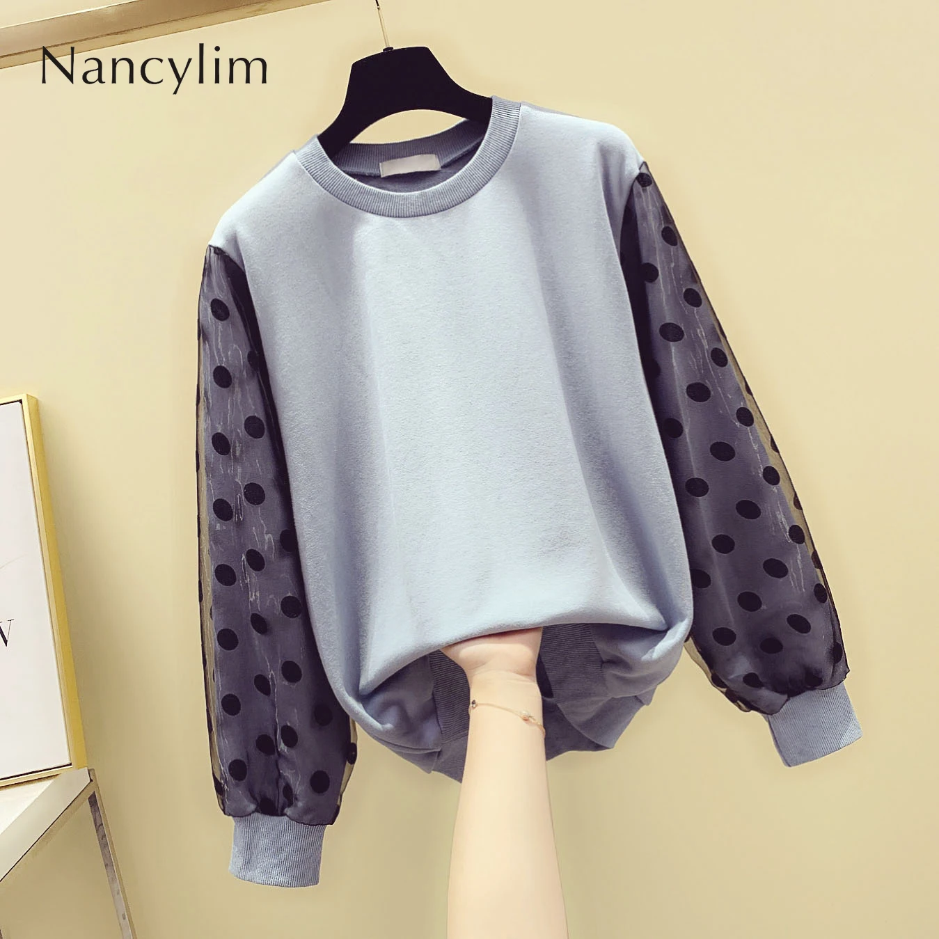 

Women's Long Sleeve Hoodies Autumn and Winter New Fashion Wave Mesh Splicing Long Sleeve Casual Pull Jacket Female Student Shirt