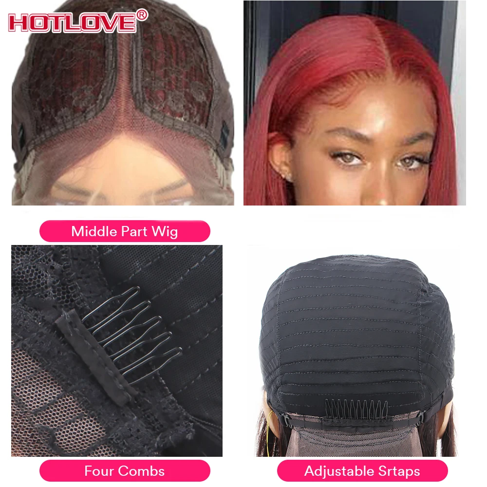 Frente do Laço Perucas de Cabelo Peruca de Cabelo Brasileiro em Linha Parte do Laço Borgonha Humano Reta Peruca Pré-arrancado Remy Cabelo 28 Polegada 99j 13*1 6 Apliques e perucas