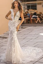 

deep V-Neck frosted evening dress with chaple Train backless wedding Dress Embroidered Lace Appliqués on a Slim Tulle