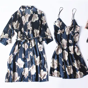 

Satin Printed Bride Bridesmaid Wedding Robe Suit Sexy 2020 Summer New Women Kimono Bathrobe Gown Loose Lounge Rayon Sleepwear