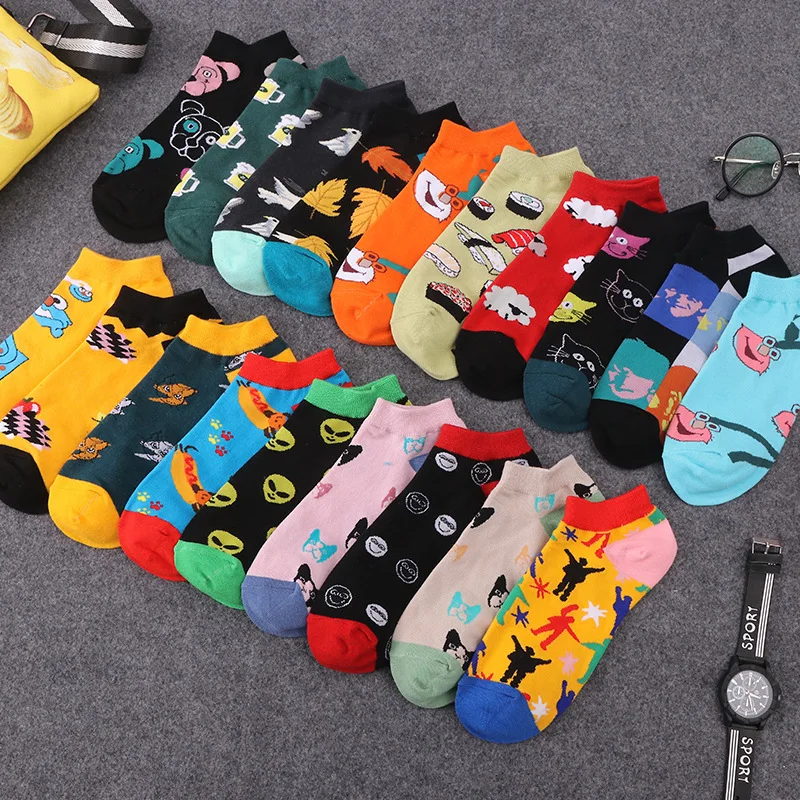 5 Pairs Women's Socks Fashion Hip Hop Funny Cat Dog Beer Maple Leaf Pigeon Printed Happy Color Sox Mens Size 36-43 Wholesale | Женская