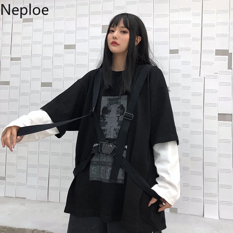 Neploe/ осень-весна, дизайн, Unsiex, имитация двух частей, футболка с круглым вырезом, Лоскутная, длинный рукав, футболки, шнуровка, любовь, повседневный Топ Ins