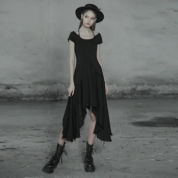 

PUNK RAVE Women's Chains Strapted Dark Dress Gothic Cotton Knit Summer Short Sleeve Daily Long Dresses
