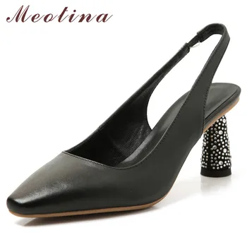 

Meotina High Heels Women Pumps Natural Genuine Leather Round High Heel Slingbacks Shoes Real Leather Round Toe Shoes Lady 34-43