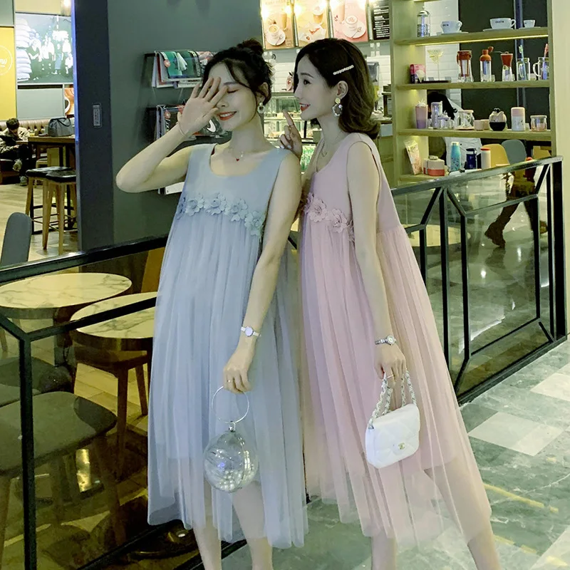 

Maternity Clothes 2019 Summer New Style Fashion Loose Korean-style Short Sleeve Mid-length Pregnancy Flower Vest Skirt