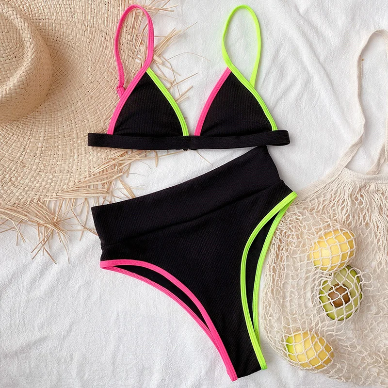 INGAGA High Waist Bikinis Swimsuits Push Up Swimwear Women Strap Bathing Suit Women Solid Biquini Beachwear V-neck Bikini Set