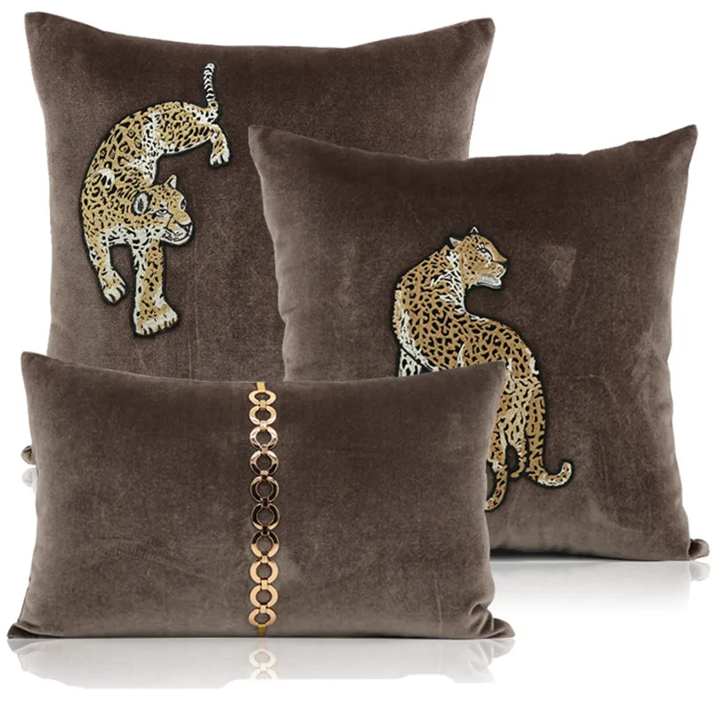 

brown/blue/black leopard embroidered velvet waist pillowcase sofa metal chain back cushion cover 45x45cm bed lumbar pillow cover