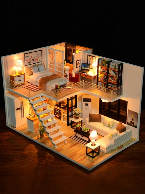 Cutebee DIY House Miniature with Furniture LED Music Dust Cover Model Building Blocks Toys for Children Casa De Boneca  J13 2