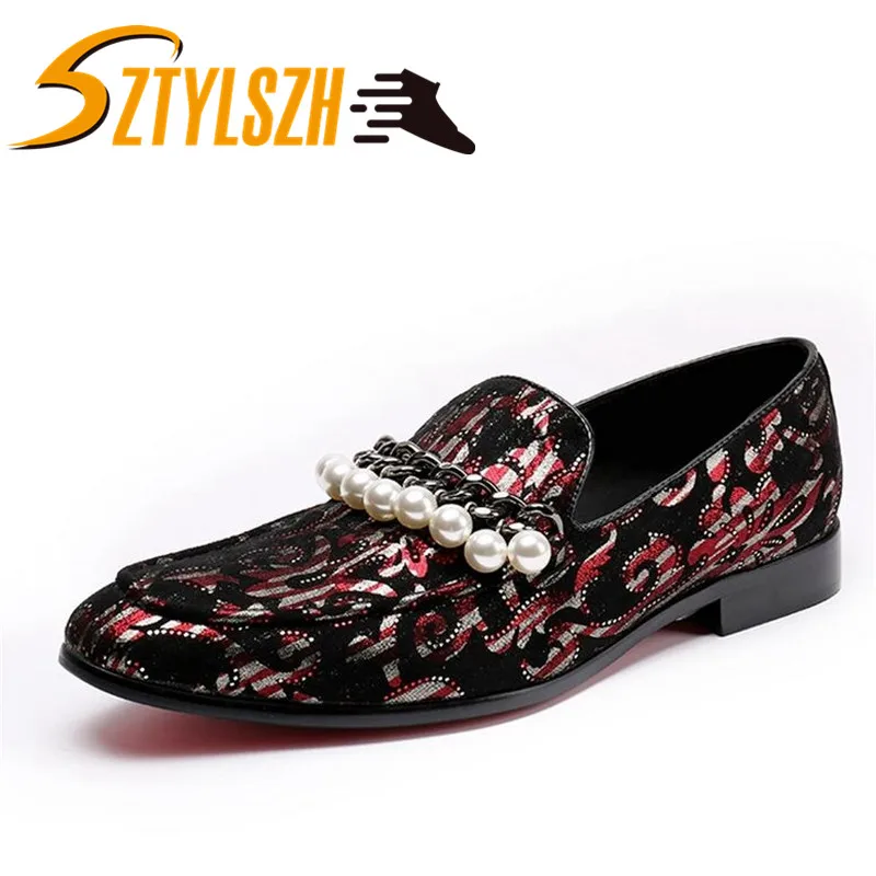 

British Style Formal Men Party Wedding Pearl Chain Tassel Loafers Suede Men Dress Shoes Genuine Leather Male Flats Moccasins