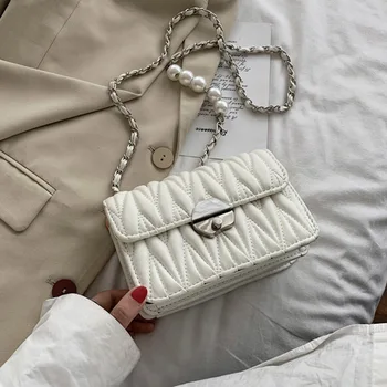 

Pearl Chain Flap Crossbody Bag High Quality PU Leather Women's Designer Shoulder Handbags And Purse Female Fashion Messenger Bag