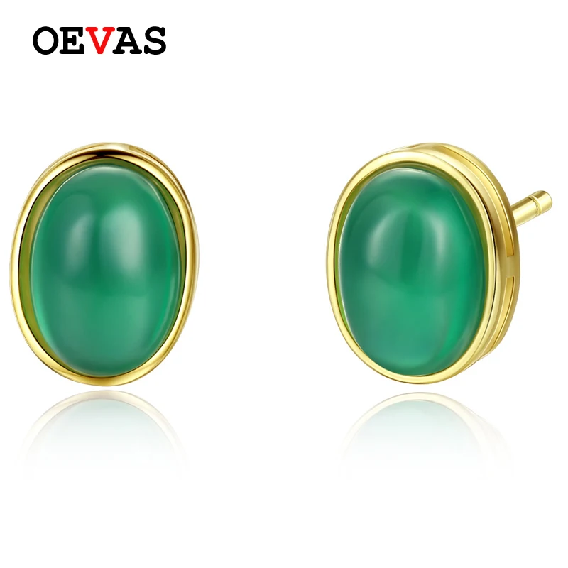 

OEVAS 100% 925 Sterling Silver Gold Color Stud Earrings For Women Elegant Green Gemstone Wedding Party Bride Band Jewelry Gifts