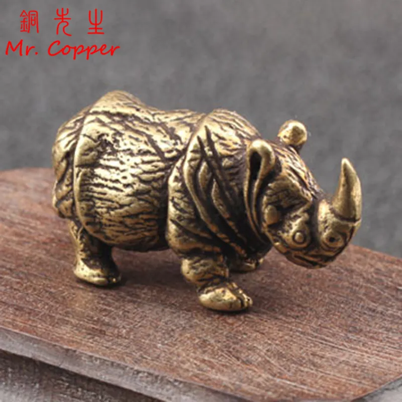 Handmade Pure Copper Cute Rhinoceros Miniatures Figurines Solid Vintage Brass Rhino Ornaments Tea Pets Desktop Decorations Craft