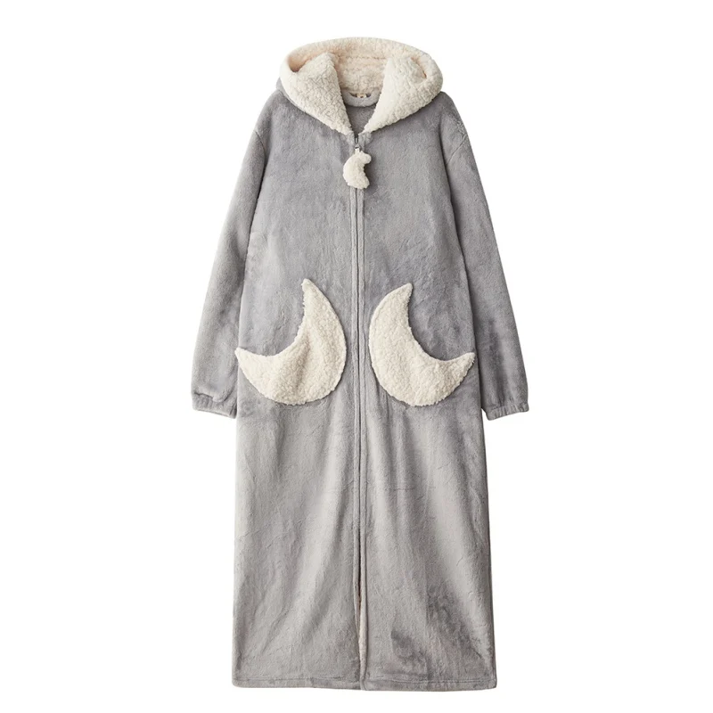 F Autumn Winter Robe Plus Long Robe Coral Velvet Couple Nightgown Thickening Five-pointed Star Pocket Hooded Long Home Robe - Цвет: F