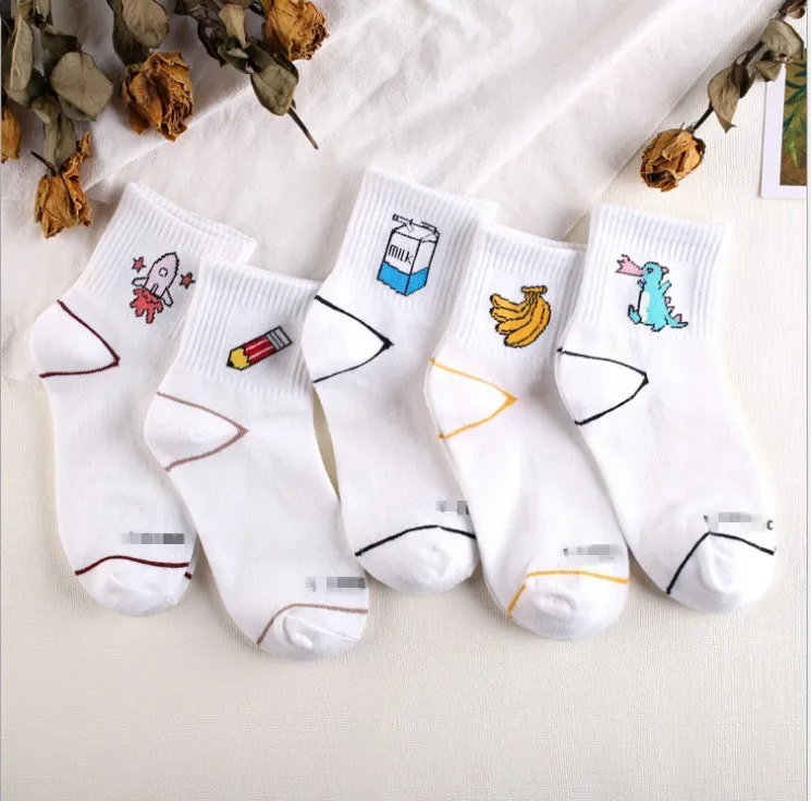 Новые женские носки, хлопковые белые милые носки с изображением банана, молока, милые новые носки с динозаврами Femme Soks