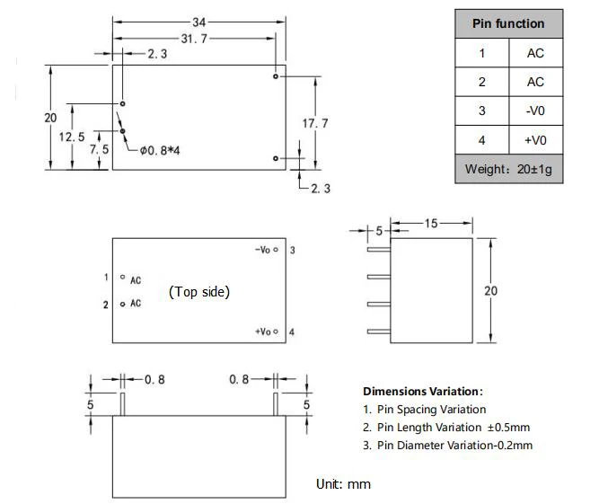 3W dim. and weight