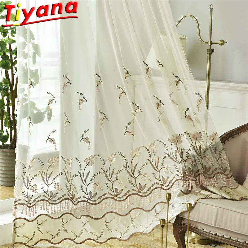 Flower Embroidery Sheer Tulle for Living Room Beaded Pattern Window Drapes for Balcony Plant Glass Yarn for Bedroom X-WP437#2
