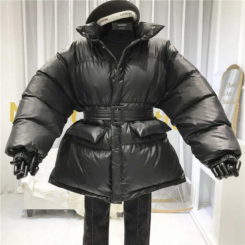 Осенне-зимнее новое пальто с хлопковой подкладкой и стоячим воротником однотонная женская парка Свободное пальто средней длины с поясом и ярким лицом